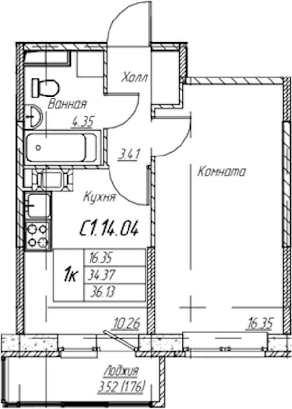 1-комнатная квартира 36.13 м², 14/22 эт., ЖК «Парк-квартал Юнтолово»